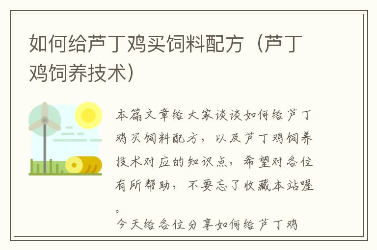 如何給蘆丁雞買飼料配方（蘆丁雞飼養(yǎng)技術）